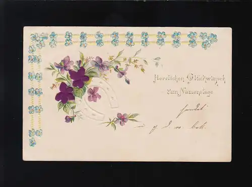 Fers à cheval avec violette Autruche Félicitations pour le jour du nom, Heinsberg 2.11.1901