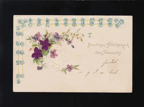 Hufeisen mit Veilchen Strauß Glückwunsch zum Namenstage, Heinsberg 2.11.1901