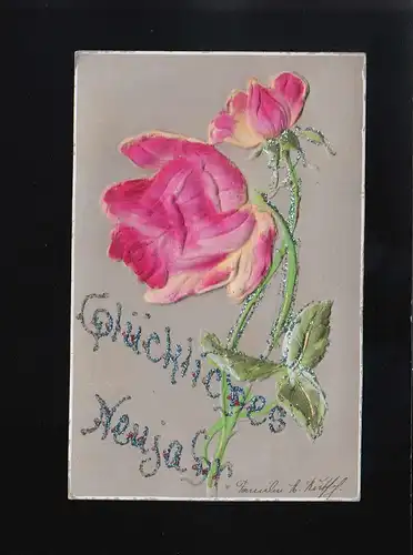 Rosa Rose Fleur Flûte Bonne année Ferd. Ingold Card Co, inutilisé