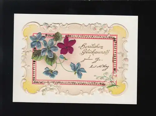 Blüten Ornamente Blaue und lila Blumenzweige Herzlichen Glückwunsch, beschriftet