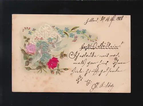 Rosen Blüten und Knospen, Vergissmeinnicht weiße Taube, Zittau 10.10.1900