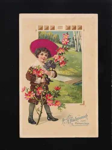 Kind Lila Hut bringt Blumen, Glückwunsch Namenstag, Dietmannsried 14.6.1910