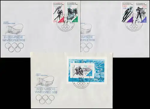 3140-3143 + Block 90 Olympia Winterspele 1988 - Satz und Block auf 3 Blanco-FDC