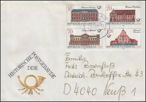 3067-3070 Postgebäude: Viererblock-ZD PLF 3069I Brief LUCKAU 16.3.87 BPP-geprüft