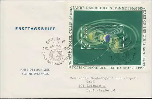 Bloc 20+21+22, année du soleil calme 1964, sur 3 FDC, livre-export Leipzig ESSt