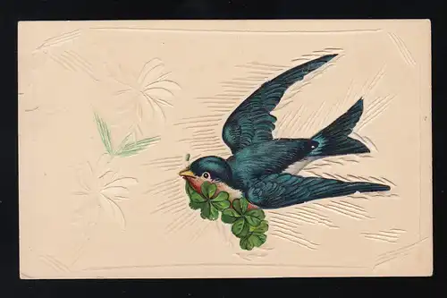 Fliegende Schwalbe Glücksklee im Schnabel, Ornamente Blüten Wind, ungebraucht