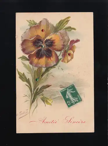 Stiefmütterchen gezeichnet, Glitzer Steine, E. Gullot Amitié Sincère, Autrey 