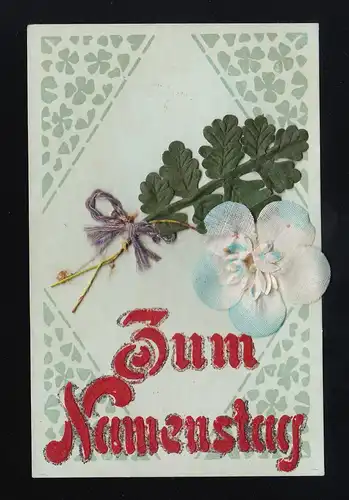 Stoffblumen und Blätter Schleife Zum Namenstag, Österreich Eichelberg 23.7.1917