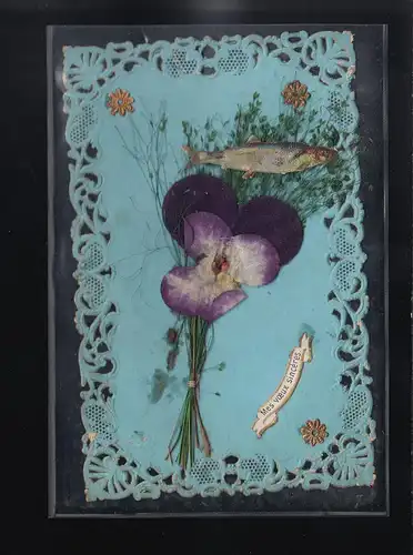 mes voeux sincéres, Stiefmütterchen Gräser Fisch auf blauem Grund, beschriftet