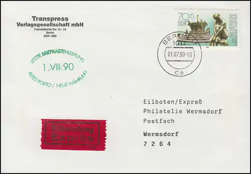 Dernier vide de boîte aux lettres Ancien Porto / Nouvelle monnaie Lettre d'urgence BERLIN 1.7.1990