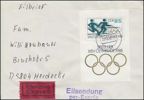 Block 94 Olympia: Sommerspiele Seoul 1988 auf Eil-Brief SCHMÖLLN 20.8.88