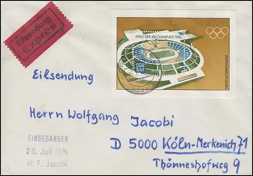 Block 46 Olympia: Sommerspiele Montreal 1976 auf Eil-Brief DRESDEN 18.7.1976