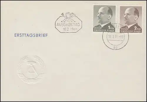 1087-1088 Ulbricht 1 MDN und 2 MDN - Satz Schmuck-FDC ET-O BERLIN 10.2.1965