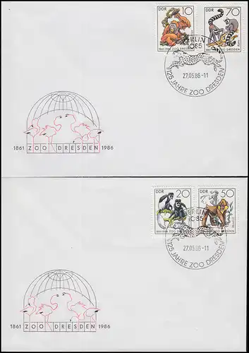 3019-3022 Dresdner Zoo Affen und Primaten 1986, Satz auf FDC 1 und FDC 2