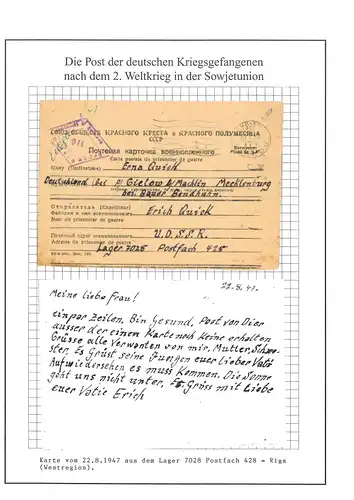 Kriegsgefangenenpost Lager 7028 Riga Postfach 428 UdSSR Moscou vom 22.8.47