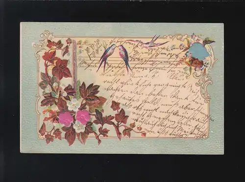 Schwalben Taube Brief, Weinlaub Ranken Blüten Ornamente, Österreich um 1900