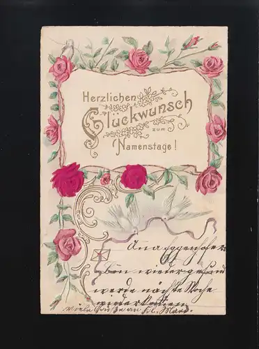 Rosen Tauben mit rosa Band Brief Glückwunsch Namenstag, Weilheim 10.3.1904 