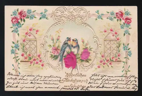 Schwalben Blumenranken Ornamente, Glückwunsch Geburtstag, Braunschweig 22.7.1905