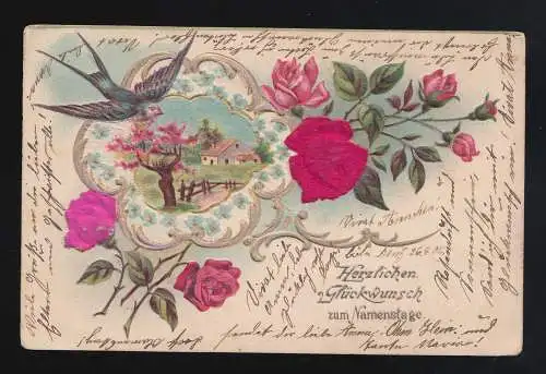 Dorf, umkranzt von Rosen Schwalbe Glückwunsch Namenstag, Cöln/ Bedburg 25.7.1902