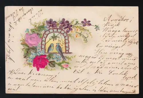 Bogen umkränzt mit bunten Blumen, 2 Schwalben mittendrin, Budapest 8.11.1910