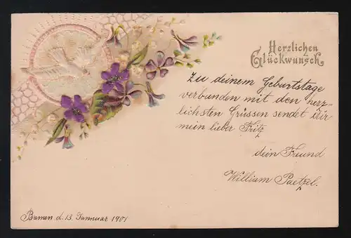 Weiße Taube Blumenranken lila Glitzer, Herzlichen Glückwunsch Bremen 13.1.1901
