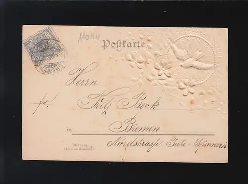 Weiße Taube Blumenranken lila Glitzer, Herzlichen Glückwunsch Bremen 13.1.1901