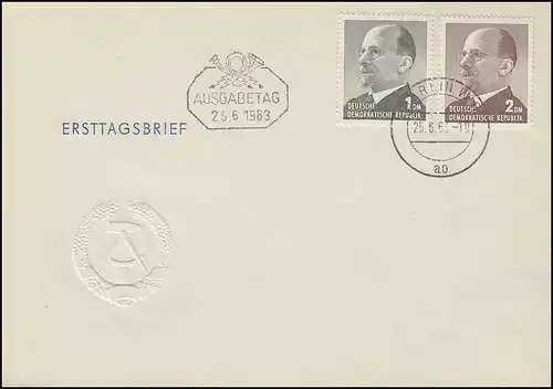 968-969 Ulbricht 1 DM und 2 DM 1963: Satz auf Schmuck-FDC ET-O BERLIN ao 25.6.63