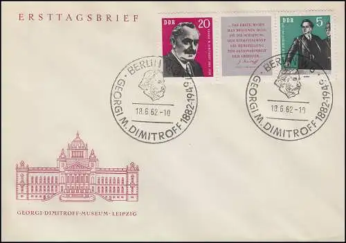 893-894 Dimitrow 1962: bande tri-impression sur le FDC ESSST BERLIN