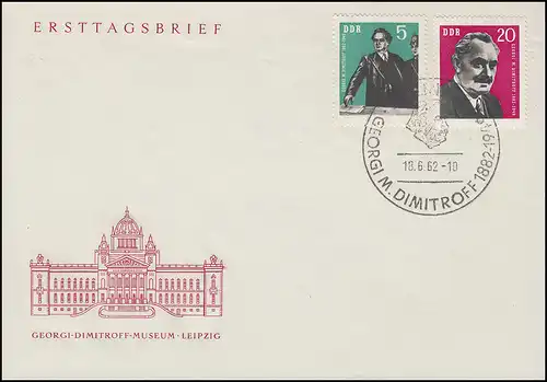 893-894 Dimitrow 1962: beide Marken einzeln auf Schmuck-FDC ESSt BERLIN