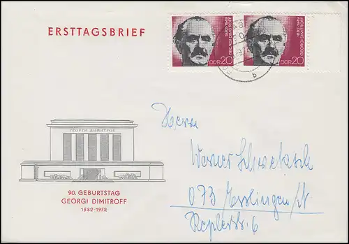 1784 Dimitrov 1972 - Randpaar sur FDC ET-O POTSDAM-BABELSBERG après Esslingen