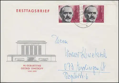 1784 Dimitrow 1972 - Randpaar auf FDC ET-O POTSDAM-BABELSBERG nach Esslingen