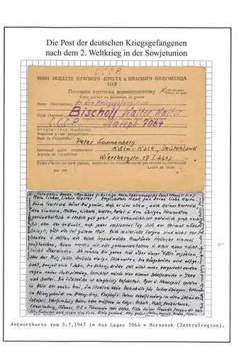 Poste de prisonniers de guerre CCPC Carte de réponse Camp 7064 Cologne Morjansk du 5.7.1947