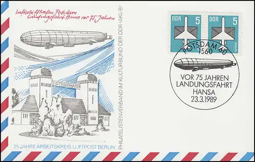 Carte postale de bijoux 75 ans Départ Zeppelin HANSA, SSt POTSDAM 23.3.1989