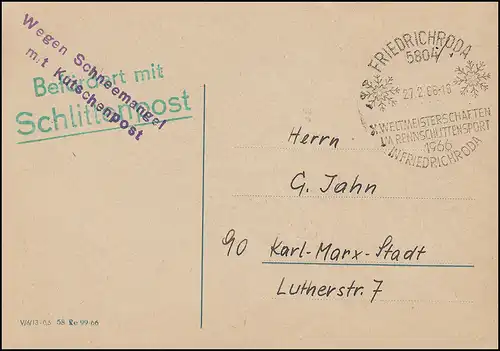 Befördert mit Schlittenpost / Wegen Schneemangel mit Kutschenpost SSt 27.2.1966