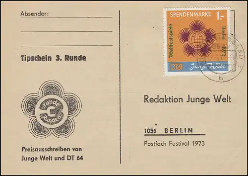 Spendenmarke 1 Junge Welt auf 3. Tippschein, Gefälligkeit WILKAU-HASSLAU 17.5.73