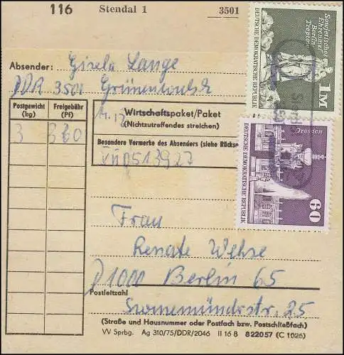 1882+1919 Aufbau Großformat auf Paketkarte Poststellenstempel 5301 Stendal 