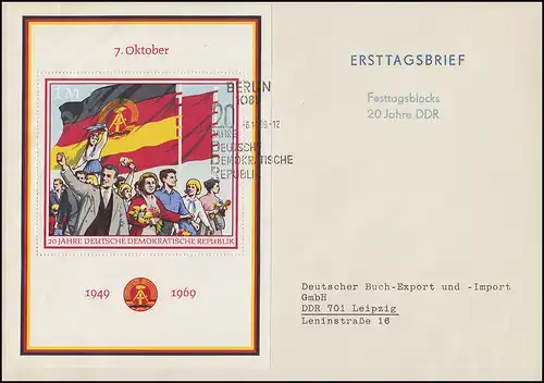 Bloc 29 anniversaire 20 ans RDA 1969 sur bijoux-FDC Livre-Export ESSt Berlin