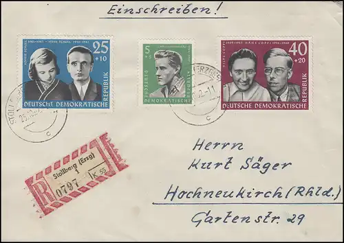 849+852+853 Widerstandskämpfer Scholl R-Brief STOLLBERG 25.10.62