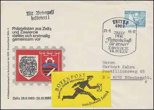 Botenpost Museum Schloß Moritzburg zum Postamt Zeitz EF SSt ZEITZ 29.9.1985