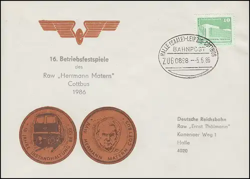 Poste ferroviaire DDR HALLE-LEIPZIG-COTTBUS 5.6.86 Lettre de bijoux Festivals d'entreprise