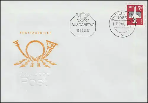 2967 Flugpostmarke 5 Mark 1985 - Marke auf Schmuck-FDC ET-O BERLIN ZPF 10.9.85