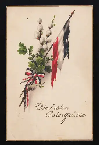 Weídenkätzchen Laub, zerrissene Reichsflagge, Ostergrüsse Nordhausen 29.3.1918