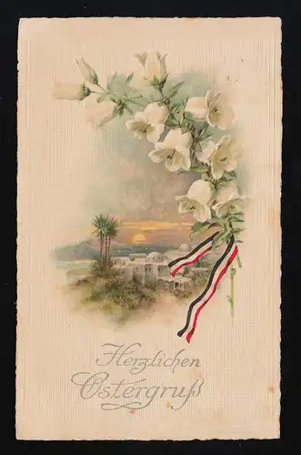 Sonnenaufgang orientalische Stadt, weiße Blumen Band Ostergruß, Zwickau 4.4.1917