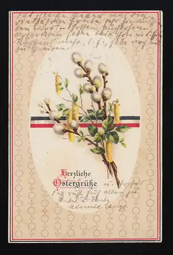 Ostergrüße Weiden & Birkenkätzchen Passepartout Ei Form Flagge, Breslau 1.4.1915