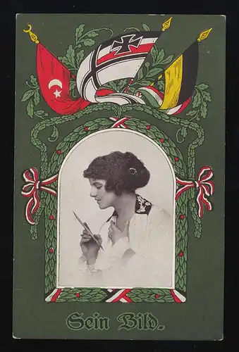 Son image, photo de femme, drapeaux Eichenblatten, Oberwüstegiersdorf 18.11.1915