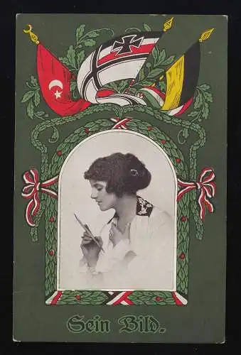 Son image, photo de femme, drapeaux Eichenblatten, Oberwüstegiersdorf 18.11.1915