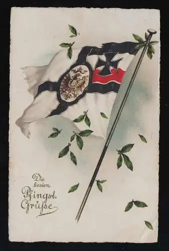 Die besten Pfingstgrüße, Reichskriegsflagge weht, mit Laub, Kieritzsch 9.6.1916