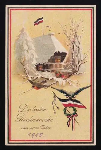 Bauernhaus Schnee Flagge Kranz, Glückwünsche neues Jahr 1915,  gelaufen 30.12.