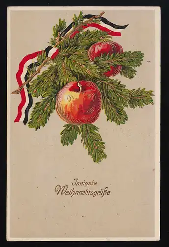 Tannenzweig Äpfel Band in Reichsfarben, Weihnachtsgrüße, Frankenau 24.12.1916