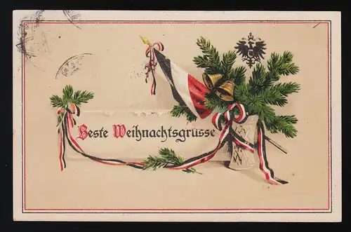 Beste Weihnachtsgrüsse Tannenzweige mit Reichsflagge und Adler, Cöln 24.12.1915